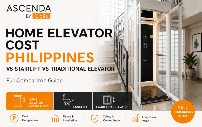 Ascenda featured image comparing home elevator costs in the Philippines with stairlifts and traditional elevators beside a modern staircase