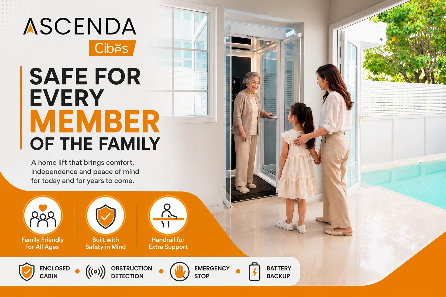 Home EN 8 Ascenda by Cibes home lift with a grandmother inside holding the handrail while a mother and daughter stand outside in a bright modern home.